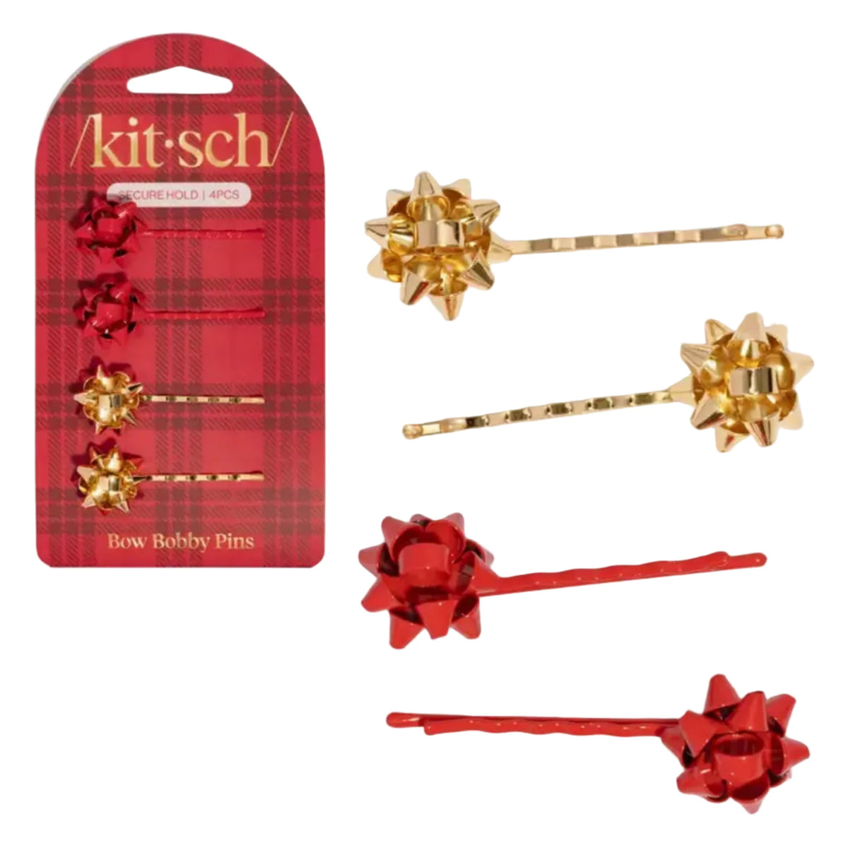 Metal Gift Bow Bobby Pins 4pc Set - Red & Gold